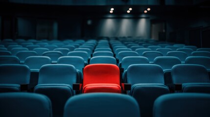 Fototapeta premium Empty Auditorium with Rows of Blue Seats and a Single Red Seat, Spotlight Focused