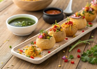Diagonal angle shot fuchka pani puri with garnish