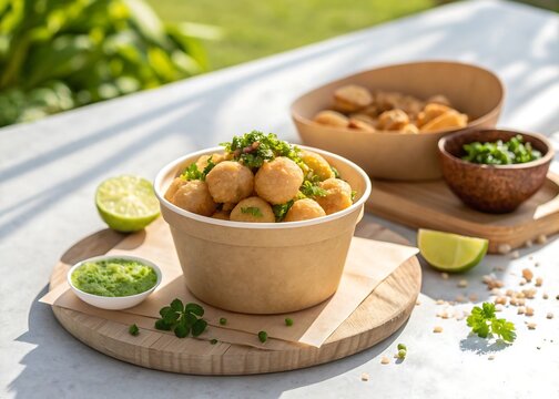 Eco bowl filled crispy fuchka pani puri daylight