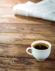 Obraz premium A white coffee cup sits on a wooden table, with a newspaper and a white garment in the background