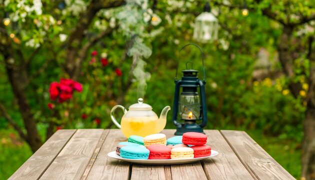 Colorful macarons on a rustic table, tea kettle, and vintage lantern in a garden setting - Powered by Adobe