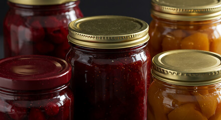 Five glass canning jars filled with various preserved fruits and vegetables, sealed with gold lids, arranged on a dark surface.