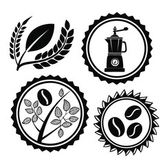 Collection of Four Black and White Coffee- Themed Circular Icons with Grinder, Beans, and Plant