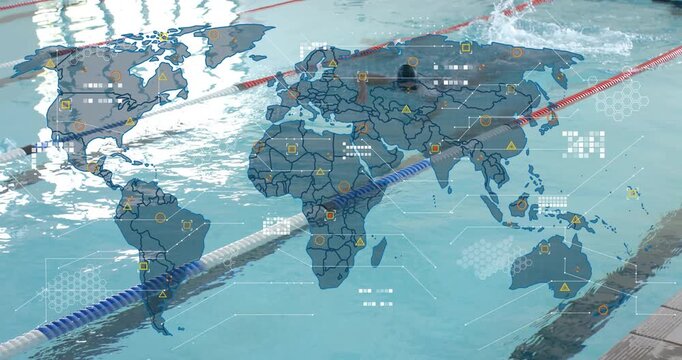 Swimmer entering marked lane and swimming freestyle, projecting world map with tech overlay