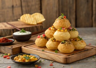Golden crispy fuchka pani puri stacked pyramid