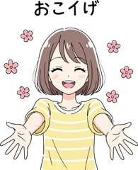 Happy girl with open arms and pink flowers smiling welcoming