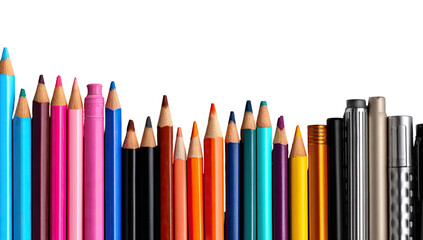 Colorful pencils and markers in a horizontal row