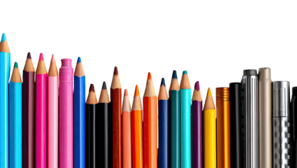 Colorful pencils and markers in a horizontal row
