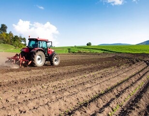 Obraz premium Red tractor tills a field, rows of young plants