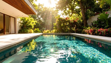 Modern home pool with lush tropical garden at sunrise