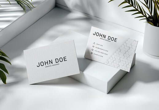Two White Business Cards In bright Interior Mockup