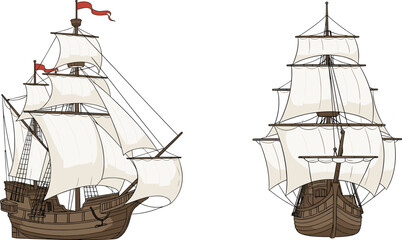 Historic wooden sailing ships side and front view, Age of Exploration vessels with sails and rigging, maritime heritage, CAD drawing flat vector illustration © AVIJIT