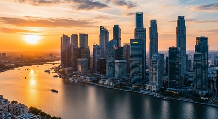 Fototapeta premium Breathtaking Singapore skyline shimmers at sunset reflecting in the river offering modern cityscape beauty