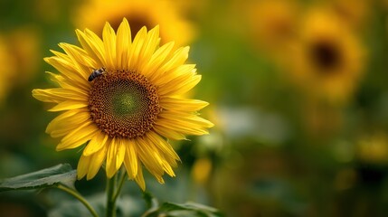Close-Up of Sunflower with Bee in Blooming Field
