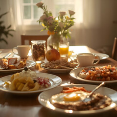 Comforting breakfast food spread on cozy table in morning sunlight. delicious meal perfect for Sunday brunch tradition, creating warm and deeply inviting atmosphere