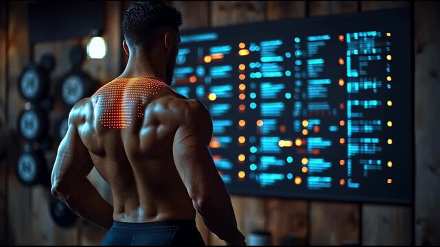 Futuristic rehabilitation concept where male athlete with glowing digital back muscles observes large futuristic data screen, holographic charts displaying performance tracking and recovery analysis i