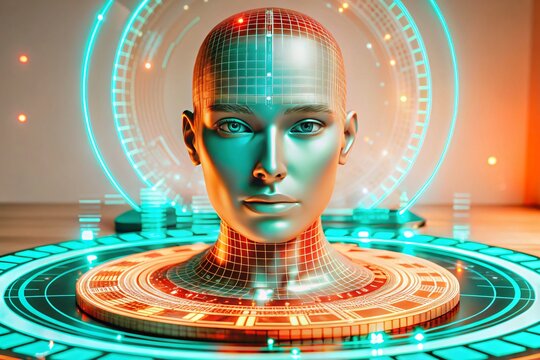 Metallic robotic head displayed on a holographic platform, showcasing advanced technology and futuristic design.