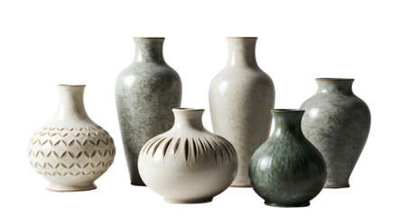 A collection of seven ceramic vases with varied textures and shapes, arranged in a still life composition