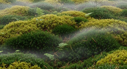 Closeup of various mosses with droplets and small plants Mist fills the air