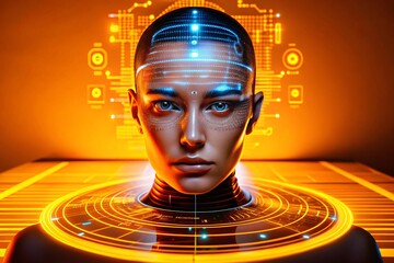 A futuristic cyborg woman with glowing blue circuits on her head and a digital interface surrounding her.