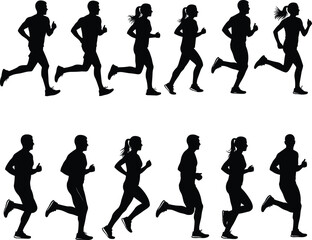 Silhouettes of running men and women in motion, jogging vector illustration, athletic exercise, fitness activity clipart for health design