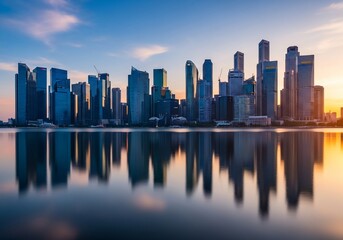 Fototapeta premium Stunning Singapore skyline reflecting in calm water at sunset for your business or travel project