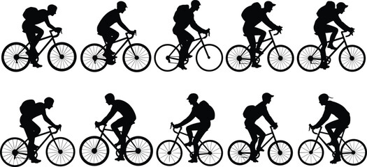 Silhouettes of Cyclists Wearing Backpacks Riding Bicycles – Vector Illustration Showing Active Riders in Motion Side Views for Design Use