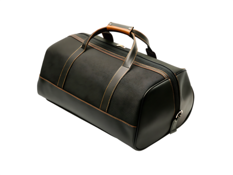 Leather duffle bag with brown stitching isolated on a transparent background