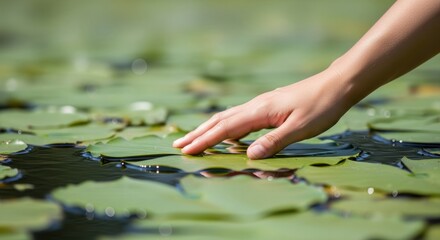 Obraz premium Female hand touching lily pads on a pond surface in nature scene