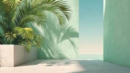 Fototapeta premium Tropical Oasis with Palm Tree, Modern Architecture, and Serene Ocean View Backdrop