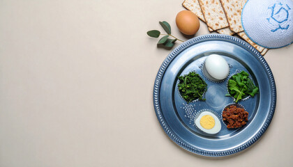 Seder Plate Minimal Composition with Empty Copy Space. Passover Jewish Festival. Generated Image