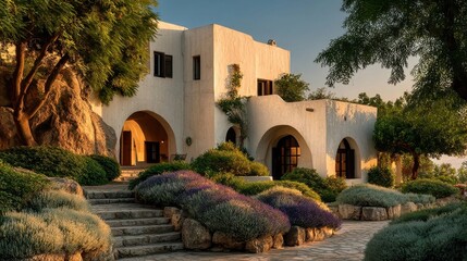 Naklejka premium Sand-colored Mediterranean house with large archways and a black wooden door, surrounded by purple flowers, stone paths,