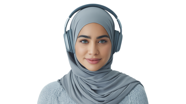 Young girl wearing hijab and headphone isolated on transparent background
