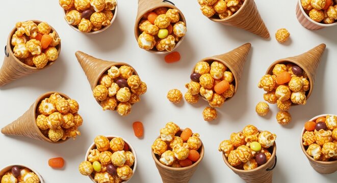 overhead shot of mini cornucopia cones filled with popcorn and candy on white background for a festive thanksgiving celebration snack - Powered by Adobe