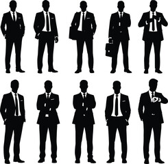 Businessman silhouette collection, professional corporate poses, office worker illustrations, business attire men, executive standing vector graphics set