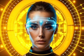 Close-up of a futuristic woman with glowing blue augmented reality interface over her eyes, set against a vibrant yellow digital circuit background.