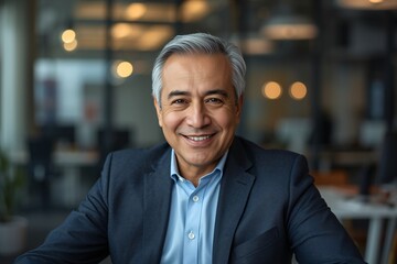 Fototapeta premium Hispanic Senior Professional in Virtual Meeting at Tech Company Office with Professional Lighting