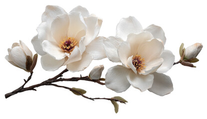 Obraz premium Close-up of three magnolia blossoms on a branch with buds