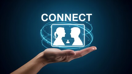 Palm up supporting glowing holographic video call window with two silhouettes and floating CONNECT text, futuristic communication, virtual meeting, collaboration, and digital networking concept