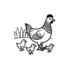 Black and White Line Drawing of a Hen with Three Baby Chicks