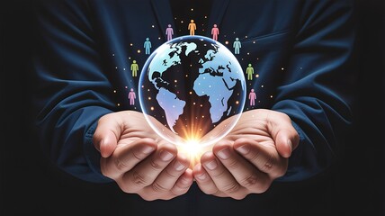 Two Hands Cupped Holding Glowing Holographic Globe with Tiny People Icons and Floating Text TEAM, Representing Collaboration, Global Connection, and Teamwork
