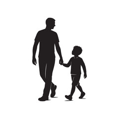 Silhouette of a loving father and son walking together.