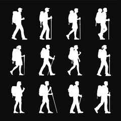 Obraz premium Silhouette of hikers walking with backpacks and trekking poles, outdoor adventure, nature exploration, 