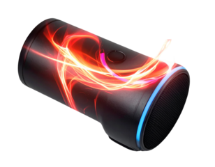 Modern Wireless DJ Mini Speaker in Cylindrical Shape with Neon Effects, Top-Down Angle, Isolated 
