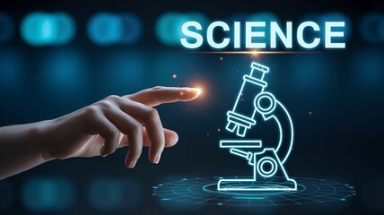 Hand tapping glowing holographic microscope icon  with floating SCIENCE text, futuristic laboratory, research, innovation, and digital education concept
