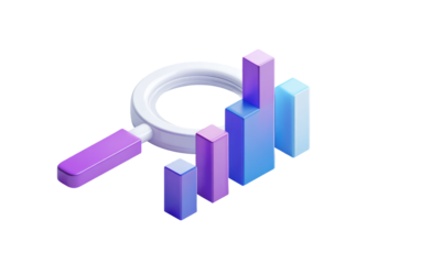 3D magnifying glass focusing on rising bar graphs