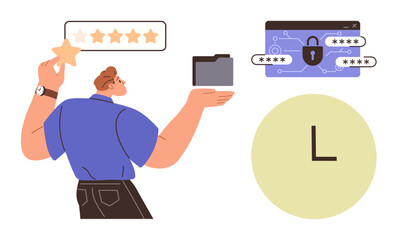 Man holds a star and a folder while managing ratings, cybersecurity, passwords, and time. Ideal for security, reviews, productivity, organization IT feedback timeliness. Simple flat metaphor