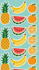 A vertical, seamless, and colorful graphic background. The image is a fun and fresh pattern of various fruits, including pineapples, watermelon slices, bananas, and oranges.