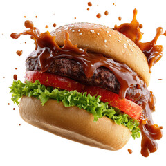Delicious burger in mid-air,  topped with sauce and bursting with freshness