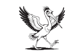Whimsical pelican with wings spread wide in a lively stride
